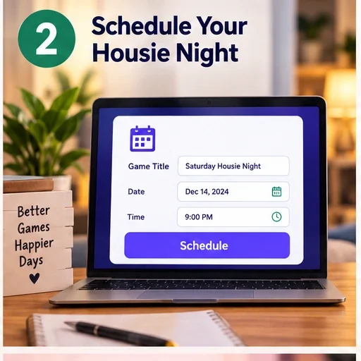 Scheduling a Saturday Housie Night with a date and 9 PM start time.