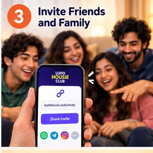 Sharing a Ludo Housie Club invite link with friends over WhatsApp and Telegram.
