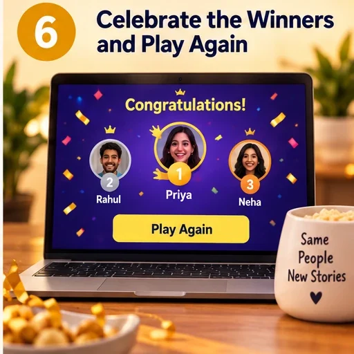 Celebrating the winners of a Housie game with a Play Again button.