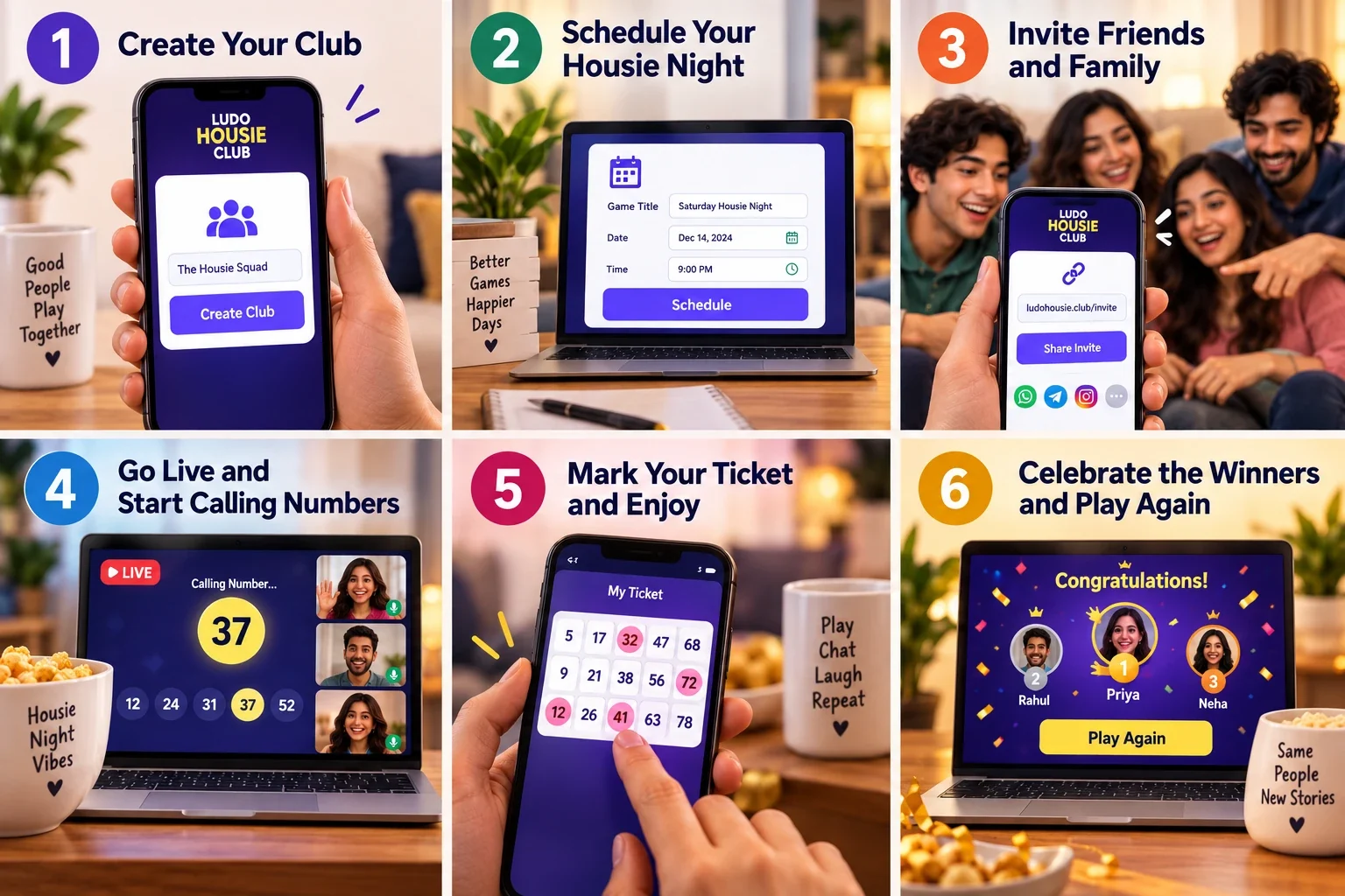 How to host a Housie night online with Ludo Housie Club — six steps from creating a club to celebrating the winners.